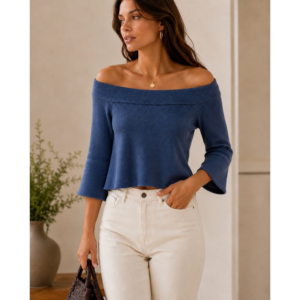Wilfred Aritzia Blue Merino Wool Off Shoulder Bell Sleeve Ribbed Sweater Medium